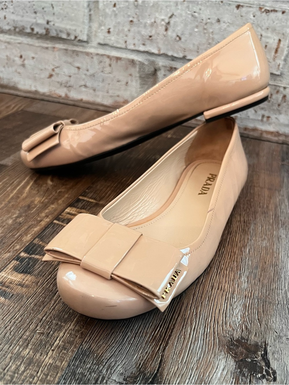 Prada Nude Patent Leather Bow Ballet Flats